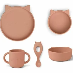 Siliconen Baby Serviesset Vivi Cat Dark Rose Liewood